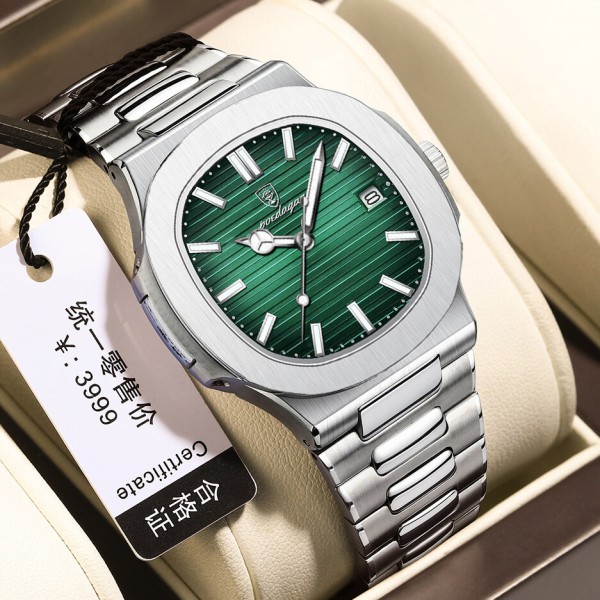 POEDAGAR 613 Luxury Stainless Steel Square Quartz Men's Watch- Silver & Green