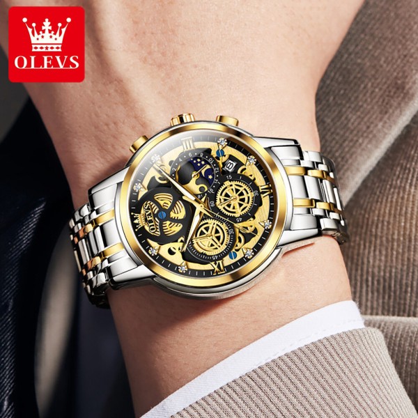 Olevs 9947 Luxury Men Watch With Chronograph - Silver & Black & Gold