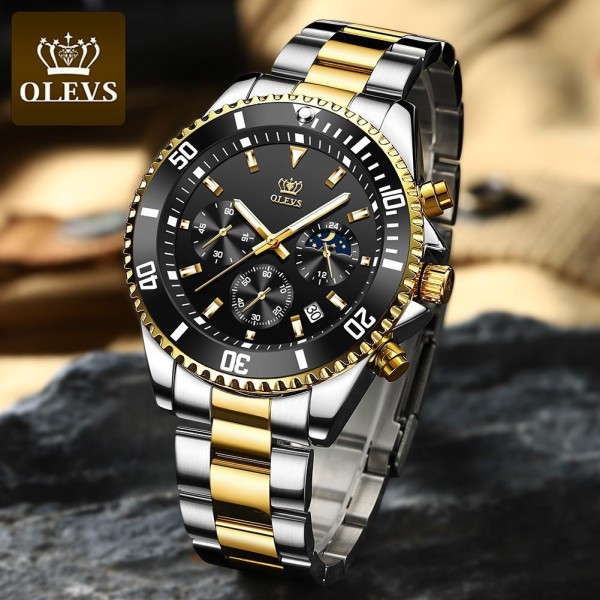 Olevs 2870 Stainless Steel Chronograph Wrist Watch For Men - Golden & Black