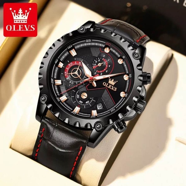 Olevs 2873 Fashion Quartz Chronograph Casual Belt Watches - Black