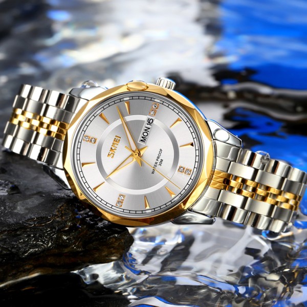 SKMEI 9268 japan movement quartz Stainless Steel Wristwatch for Men's- Silver Gold & White