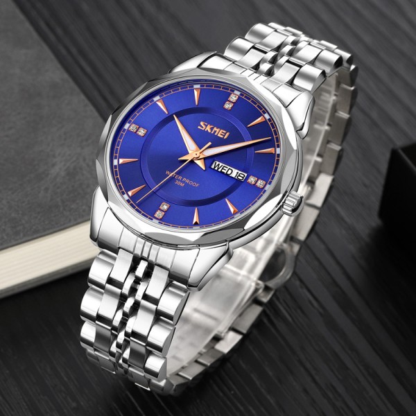SKMEI 9268 japan movement quartz Stainless Steel Wristwatch for Men's- Silver & Blue