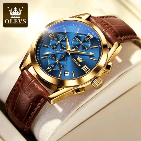 Olevs 2872 Brown PU Leather Chronograph Wrist Watch For Men - Blue