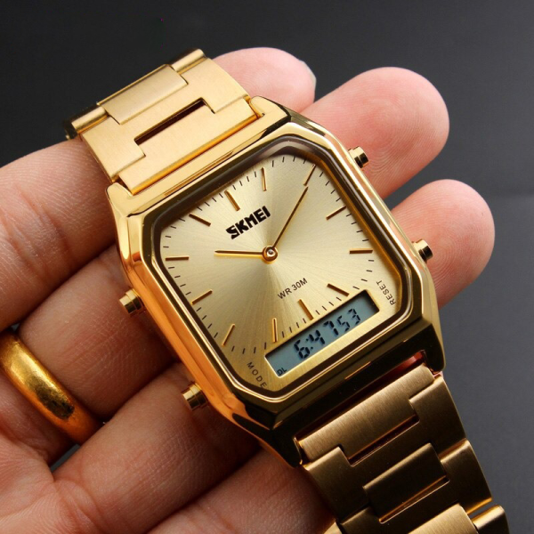 SKMEI 1220 Golden Stainless Steel Dual Time Luxury Watch For Men -Gold