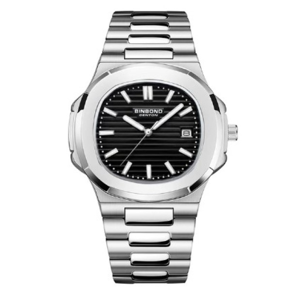 BINBOND 613 Luxury Stainless Steel Square Quartz Men's Watch- Silver & Black