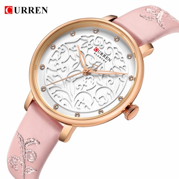 CURREN 9046 Ladies Leather Quartz Watch- Pink