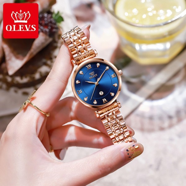 Olevs 5866 fashion stainless steel analog wristwatch women for-Blue