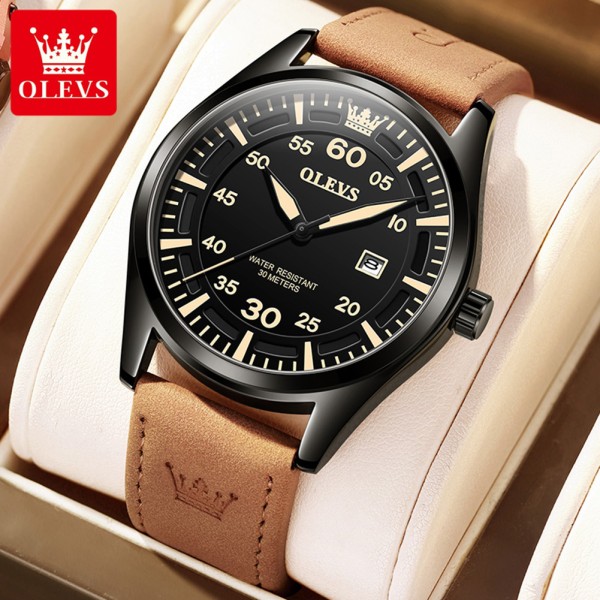 OLEVS 9962 Fashion  With Leather Strap  Men Watch - Browen