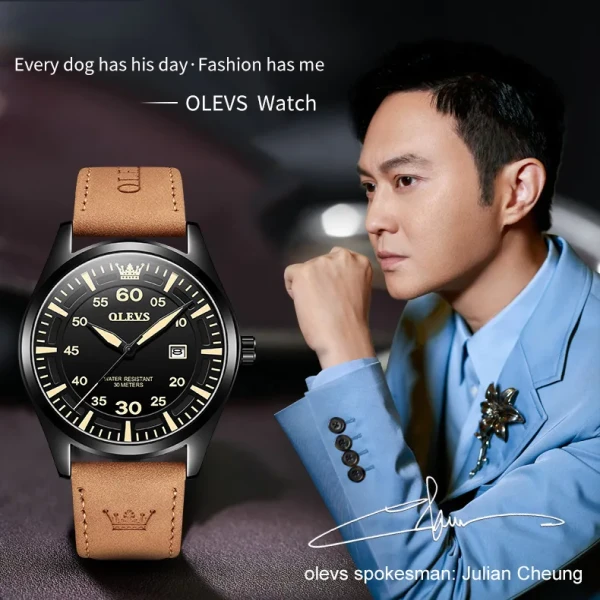 OLEVS 9962 Fashion  With Leather Strap  Men Watch - Browen