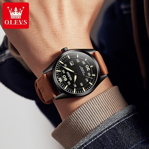 OLEVS 9962 Fashion  With Leather Strap  Men Watch - Browen