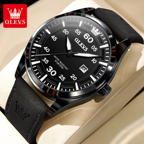 OLEVS 9962 Fashion With Leather Strap Men Watch - Black