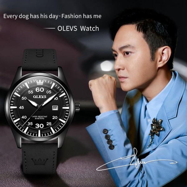 OLEVS 9962 Fashion With Leather Strap Men Watch - Black