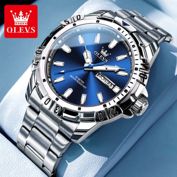 Olevs 5560 Luxury Fashion Stainless Steel Unique Design Men's Watch - Blue