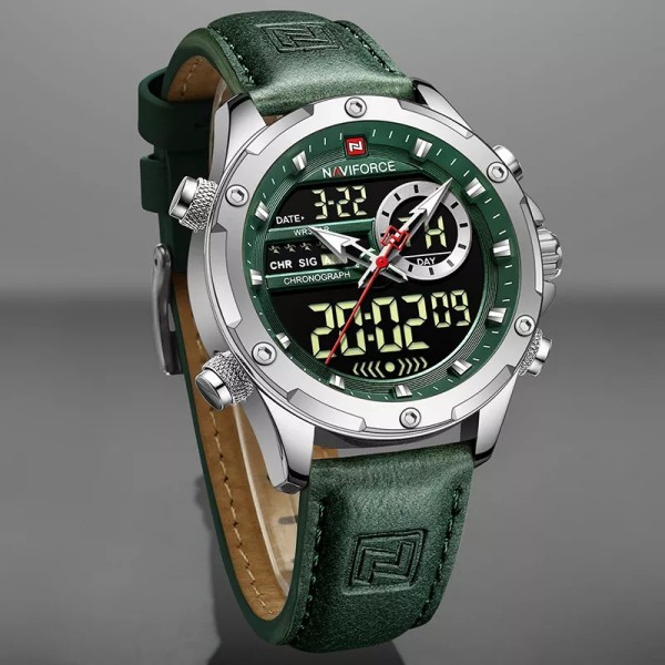 NAVIFORCE NF9208 PU Leather Dual Time Wrist Watch FOR-Silver/Green