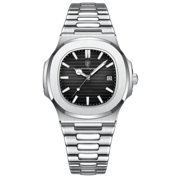 POEDAGAR 613 Luxury Stainless Steel Square Men's Watch- Silver & Black