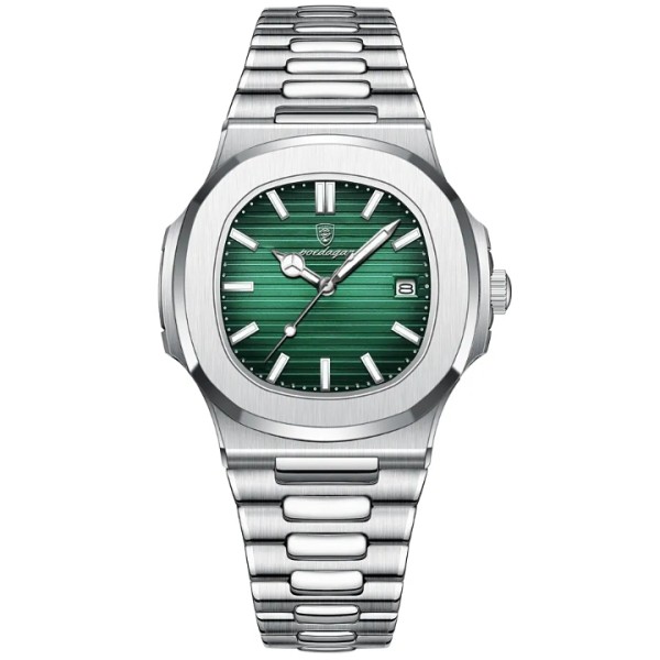 POEDAGAR 613 Luxury Stainless Steel Square Quartz Men's Watch- Silver & Green