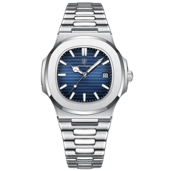 POEDAGAR 613 Luxury Stainless Steel Square Quartz Men's Watch- Silver & Blue