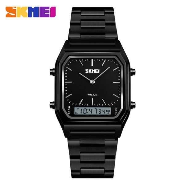 SKMEI 1220 Golden Stainless Steel Dual Time Luxury Watch For Men -Black