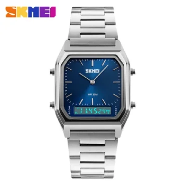 SKMEI 1220 Golden Stainless Steel Dual Time Luxury Watch For Men -Silver/Blue