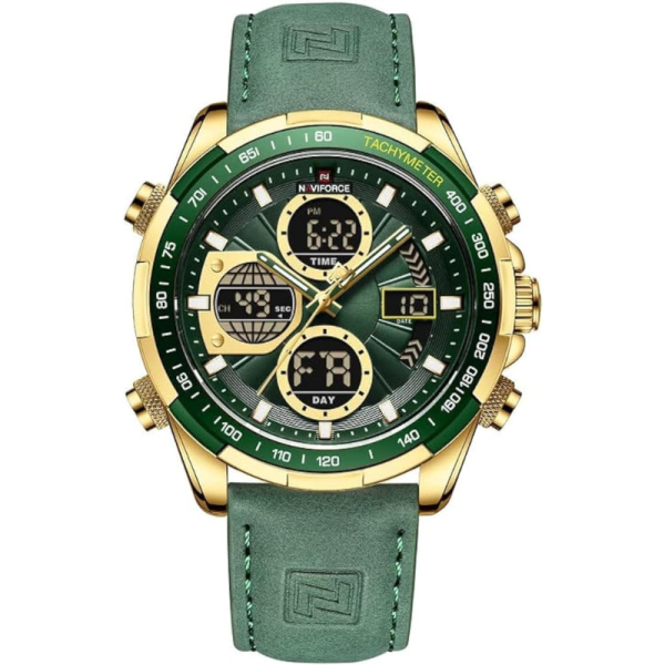 NAVIFORCE NF9197 PU Leather Dual Time Wrist Watch - Green  & Gold