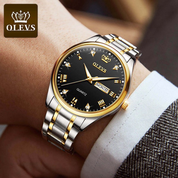 Olevs 5563 Stainless Steel Watch For Men – Silver Gold &  Back