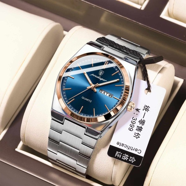 POEDAGAR 930 Luxury Stainless Steel Quartz Men's Watch-  Silver & Blue & Rosegold