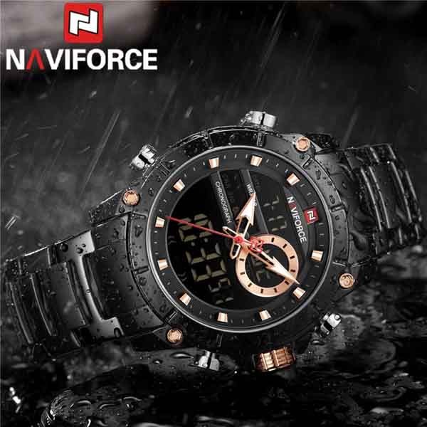 Naviforce 9163 Stainless Steel Wrist Watch For Men- Black