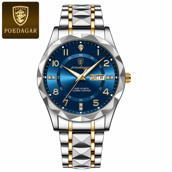 POEDAGAR 858 Luxury Fashion Date & Day Quartz Men's Watch - Blue