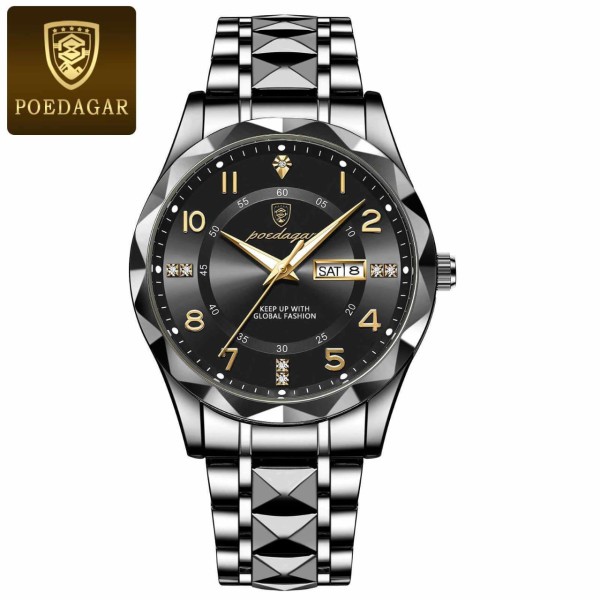 POEDAGAR 858 Luxury Fashion Date & Day Quartz Men's Watch - Black