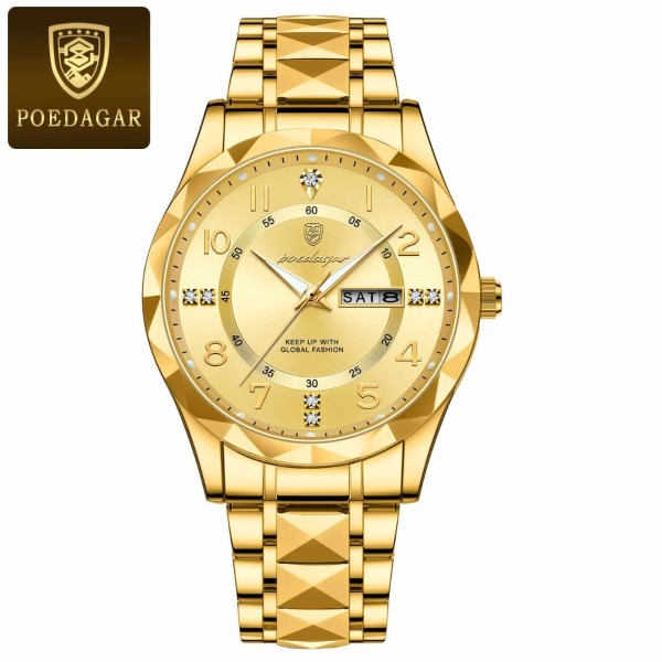 POEDAGAR 858 Luxury Fashion Date & Day Quartz Men's Watch - Gold