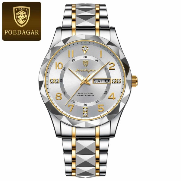 POEDAGAR 858 Luxury Fashion Date & Day Quartz Men's Watch -  Silver & Gold