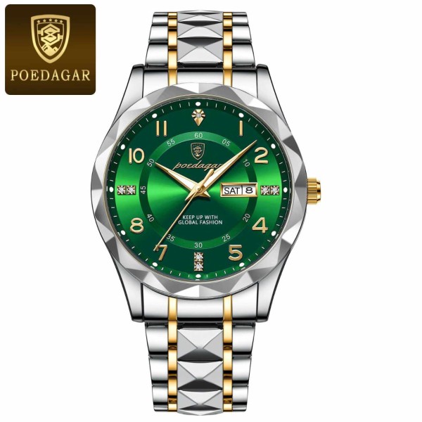 POEDAGAR 858 Luxury Fashion Date & Day Quartz Men's Watch - Silver & Green