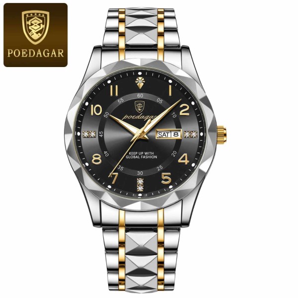 POEDAGAR 858 Luxury Fashion Date & Day Quartz Men's Watch - Silver & Black