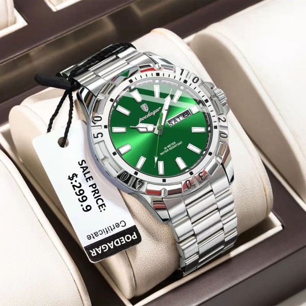 POEDAGAR 959 Luxury Stainless Steel Quartz Men's Watch- Green