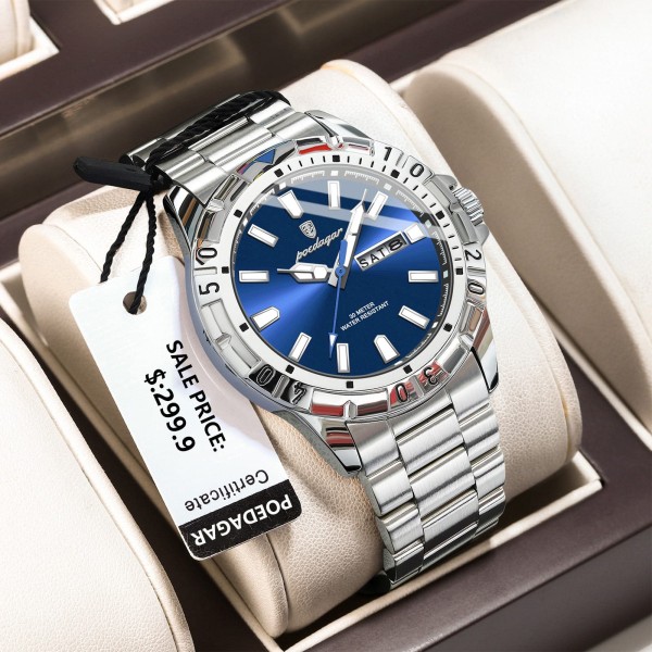 POEDAGAR 959 Luxury Stainless Steel Quartz Men's Watch- Blue