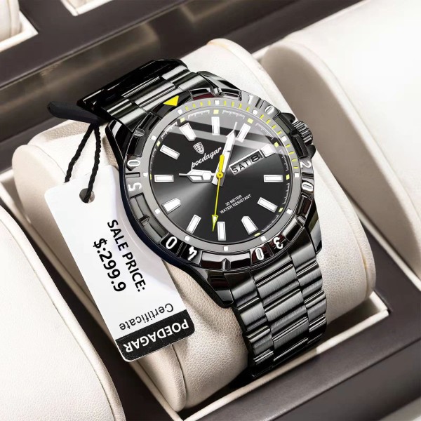 POEDAGAR 959 Luxury Stainless Steel Quartz Men's Watch- Black