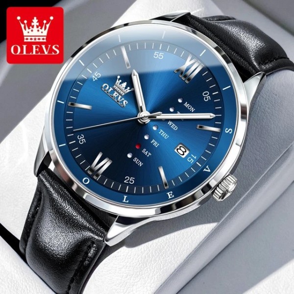 Olevs 2931 Black PU Leather  Wrist Watch For Men - Blue