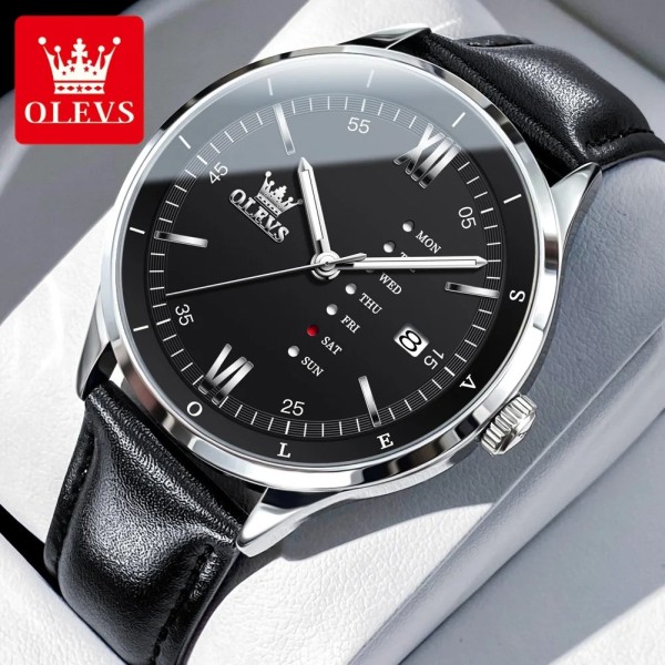 Olevs 2931 Black PU Leather  Wrist Watch For Men - Silver & Black