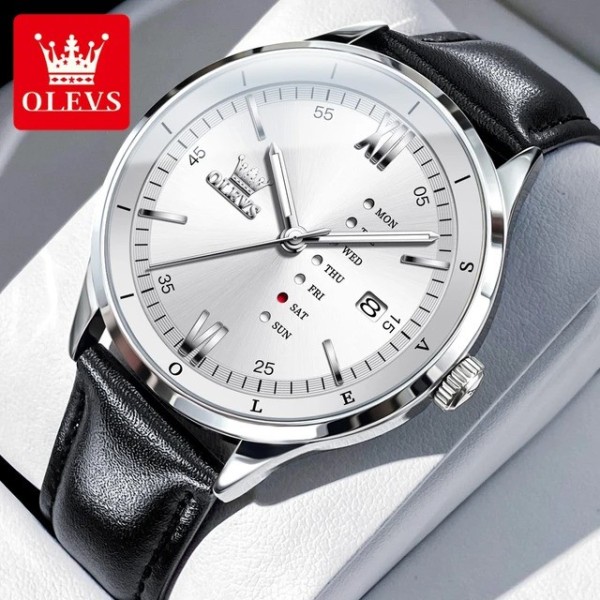 Olevs 2931 Black PU Leather  Wrist Watch For Men - White