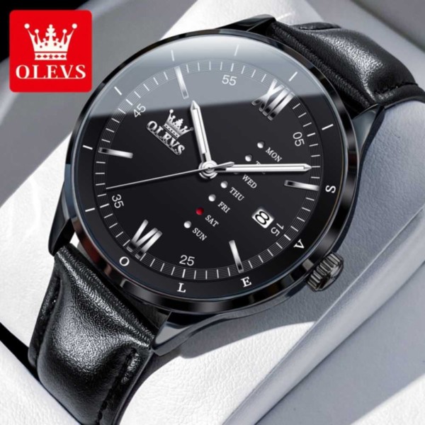 Olevs 2931 Black PU Leather  Wrist Watch For Men - Black