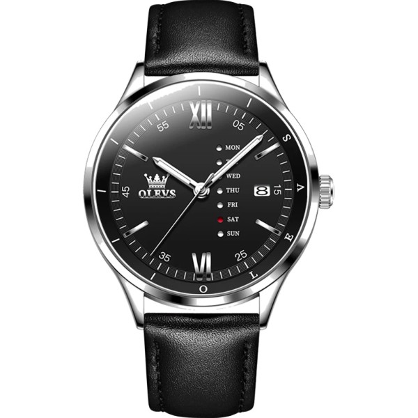 Olevs 2931 Black PU Leather  Wrist Watch For Men - Silver & Black