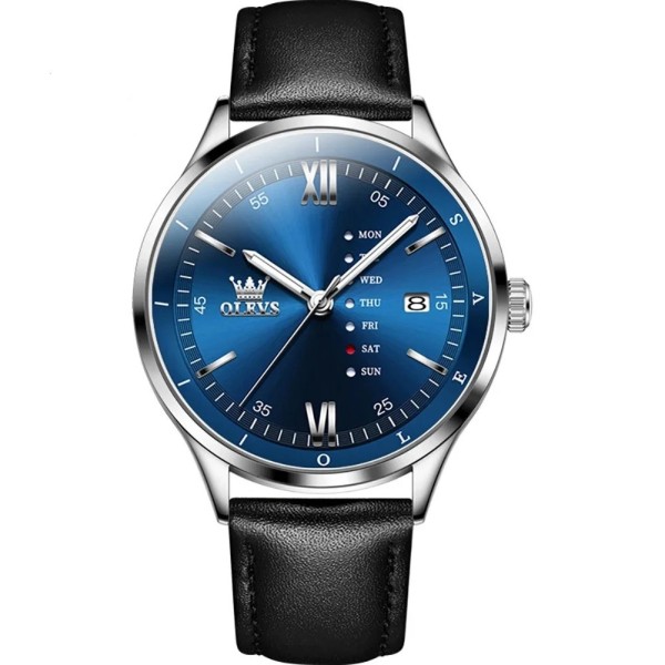 Olevs 2931 Black PU Leather  Wrist Watch For Men - Blue