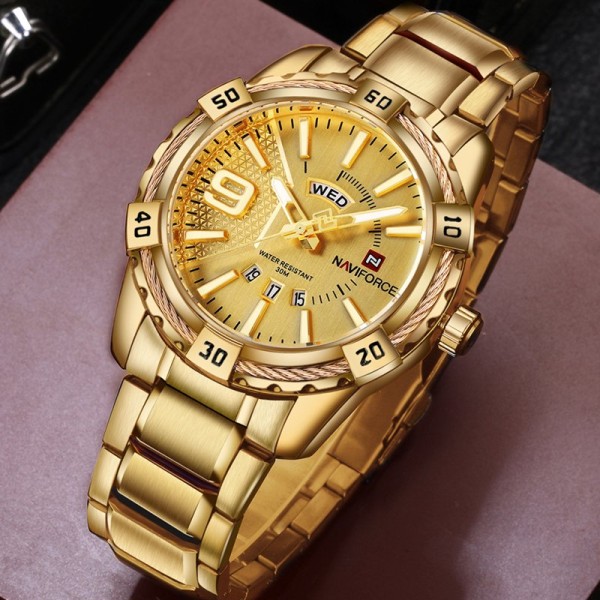 Naviforce 9117 Stainless Steel Wrist Watch For Men- Gold