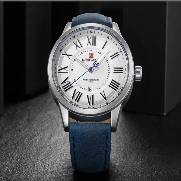 Naviforce NF9126 Leather Strap Analog Mens Watch - Blue & White