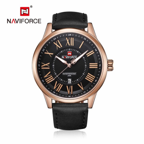 Naviforce NF9126 Leather Strap Analog Mens Watch -  Black and Rose Gold