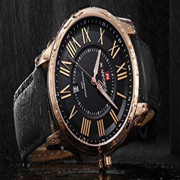 Naviforce NF9126 Leather Strap Analog Mens Watch -  Black and Rose Gold