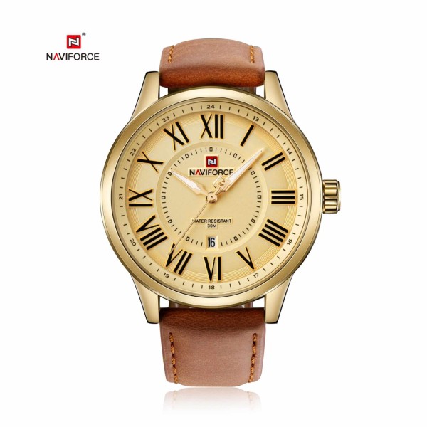 Naviforce NF9126 Leather Strap Analog Mens Watch - Gold