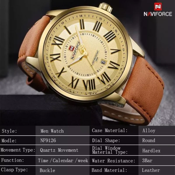 Naviforce NF9126 Leather Strap Analog Mens Watch - Gold