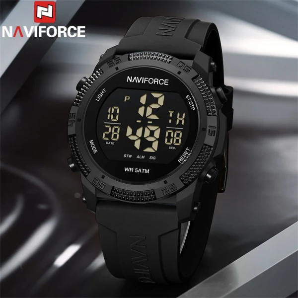 NAVIFORCE 7104 Multi-Function Digital Silicone Strap Sports Watch - Black