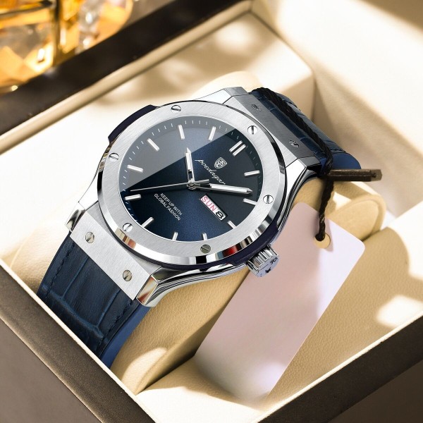 POEDAGAR 952 Blue Silicone Leather Luxury Men's Watch - Silver/Blue